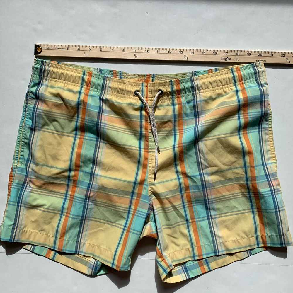 Faherty Men's Swim Trunks Yellow/Blue Plaid Size XL Mesh Lining Beach Vacation - Picture 2 of 7